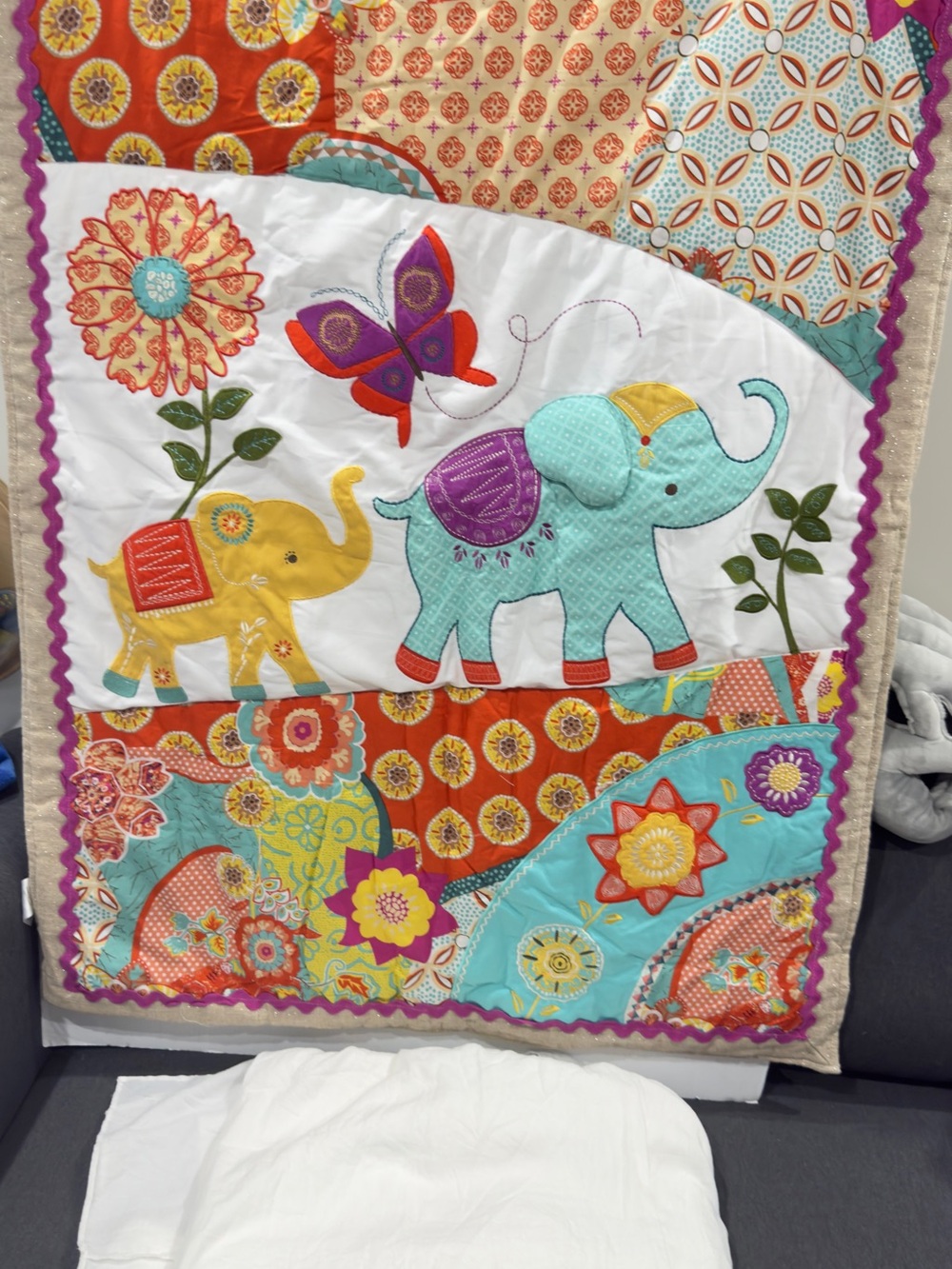 Levtex Turquoise, Yellow & Purple Elephant Patchwork Tapestry